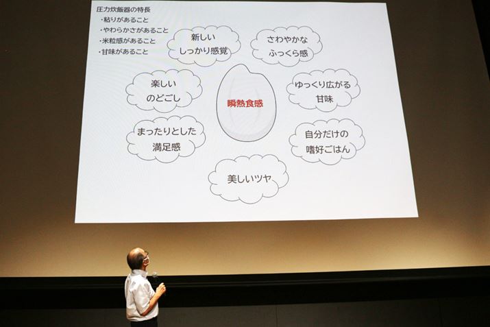 17200_10 写真の「瞬熱食感」の周囲にある吹き出しが、西島さんがRC-IF50-Bで炊いたごはんを試食した感想。おかずの味を引き立ててくれるごはんであり、朝食にすごく合うと感じたということです