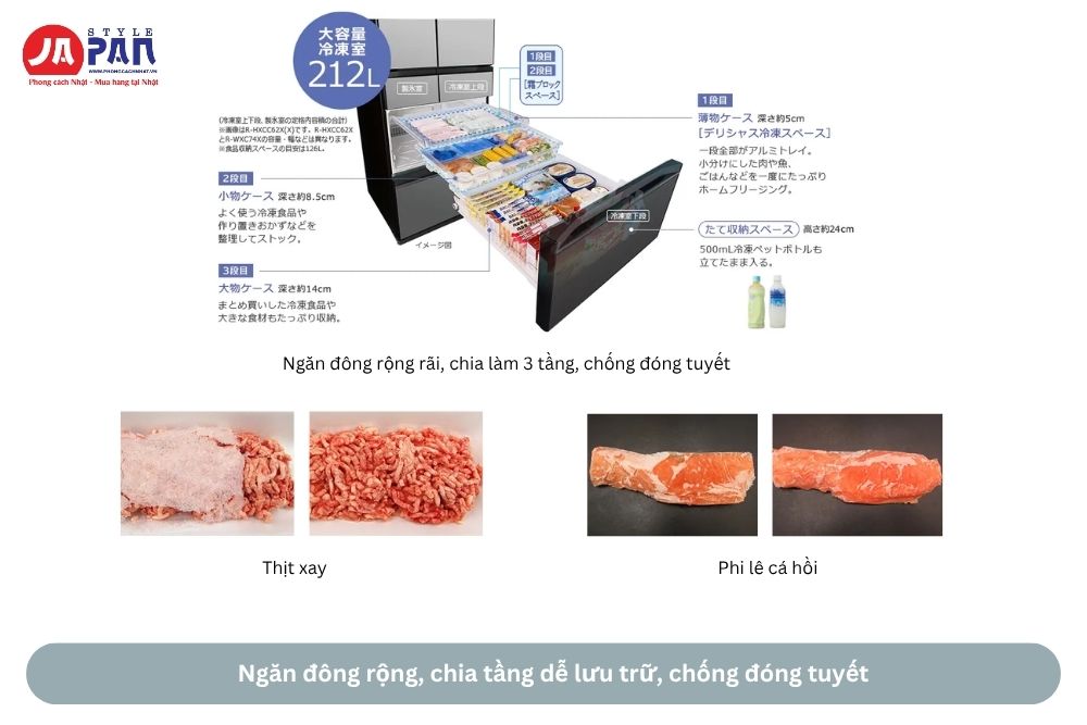 Hitachi R-WXC74X Ngăn đông rộng, chia tầng dễ lưu trữ, chống đóng tuyết