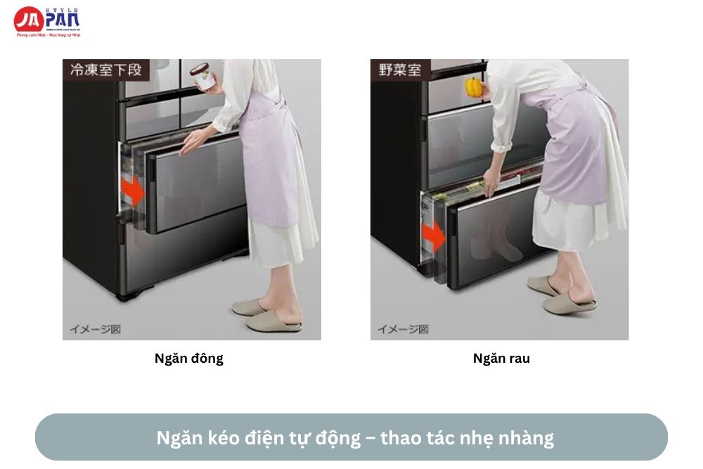 Hitachi R-WXC74X Ngăn kéo điện tự động – thao tác nhẹ nhàng