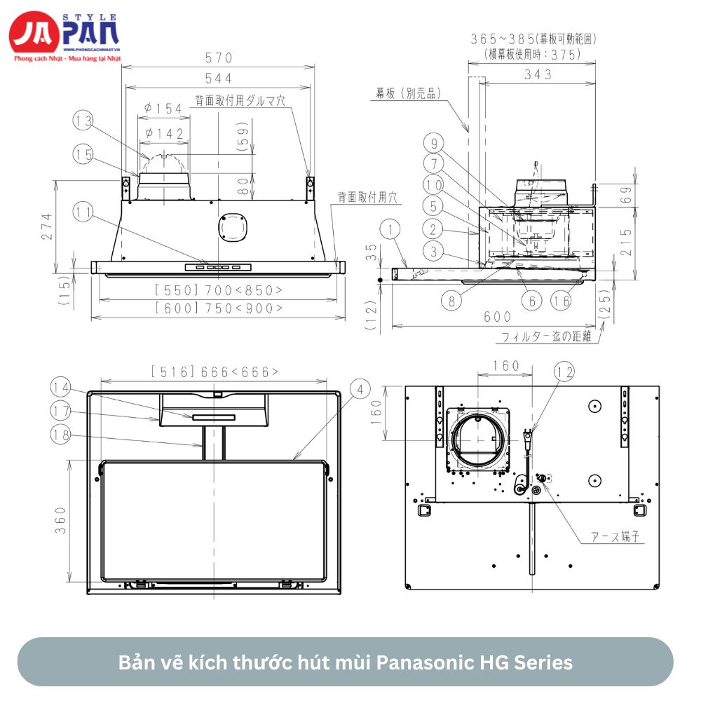 Bản vẽ kích thước hút mùi Panasonic HG Series : FY-6HGC5, FY-7HGC5, FY-9HGC5