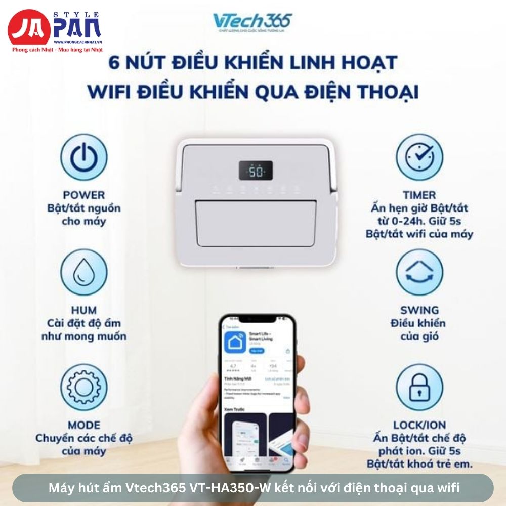 Máy hút ẩm Vtech365 VT-HA350-W kết nối với điện thoại qua wifi