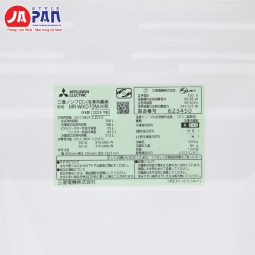 Tủ lạnh Mitsubishi MR-WXD70M | Dung tích 700L, nội địa Nhật 30 Tem thông số kỹ thuật Mitsubishi MR-WXD70M
