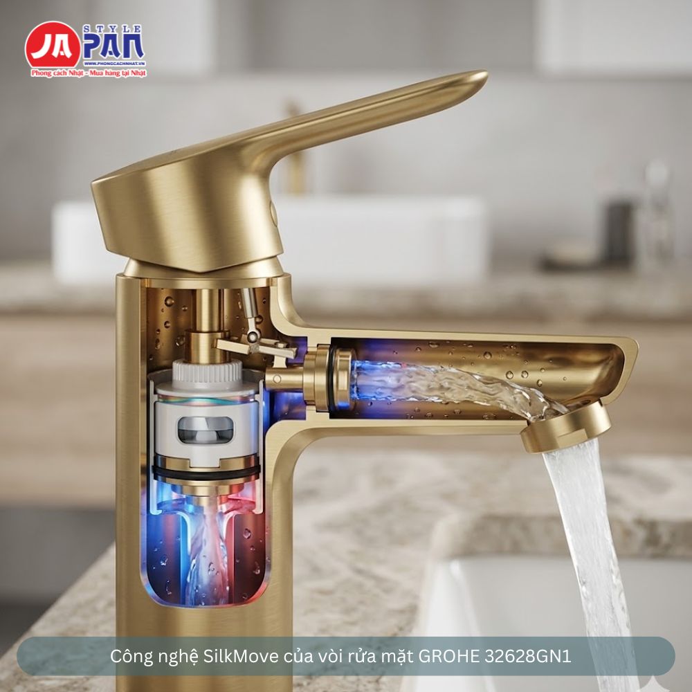 Vòi rửa mặt GROHE 32628GN1 | Vòi nóng lạnh vàng Gold, model 2026 2 Công nghệ SilkMove của vòi rửa mặt GROHE 32628GN1