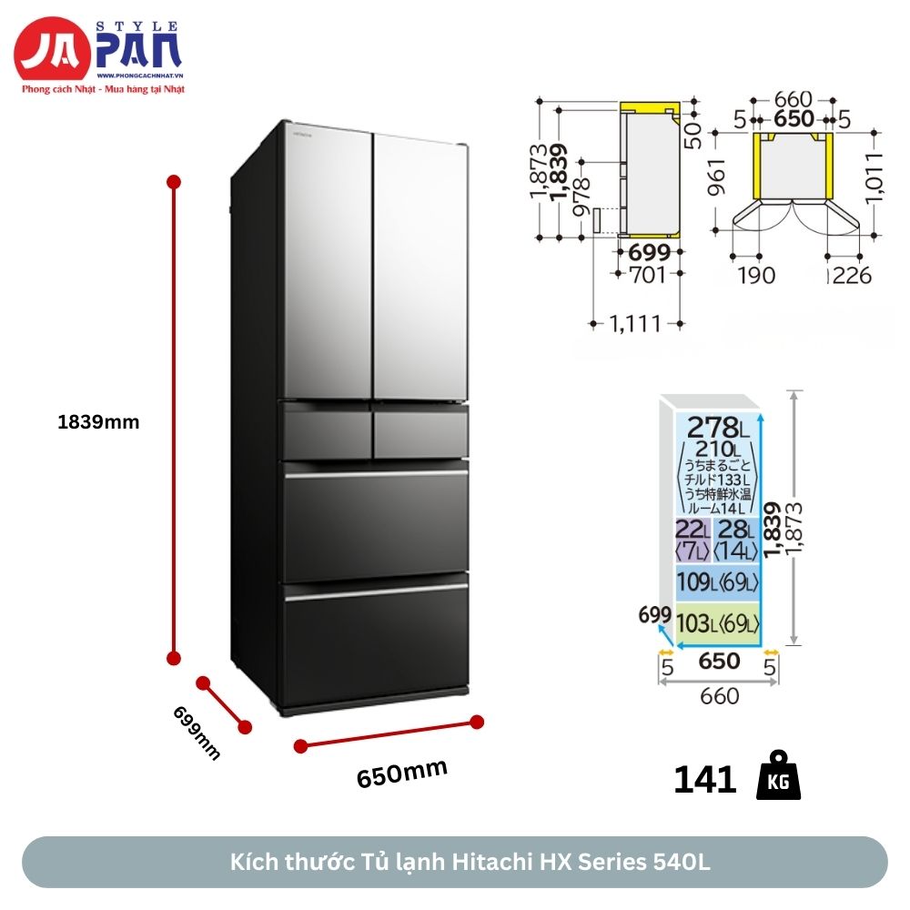 Kích thước tủ lạnh Hitachi R-HXC54X-X nội địa Nhật
