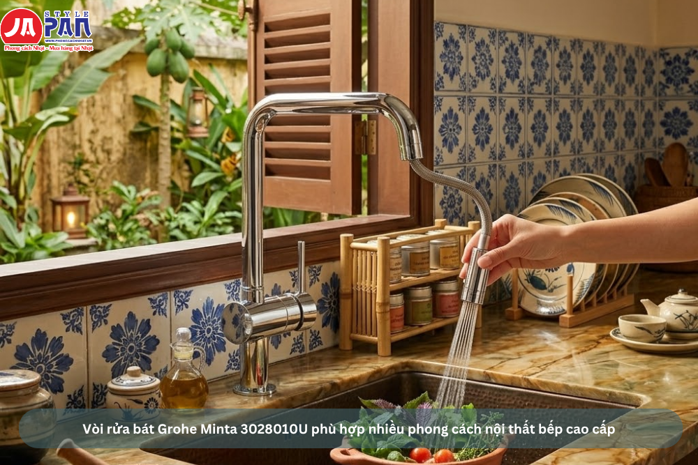 Vòi rửa bát Grohe Minta 3028010U | Dáng vuông, dây rút 3 Vòi rửa bát Grohe Minta 3028010U dáng vuông dây rút phù hợp không gian bếp cao cấp