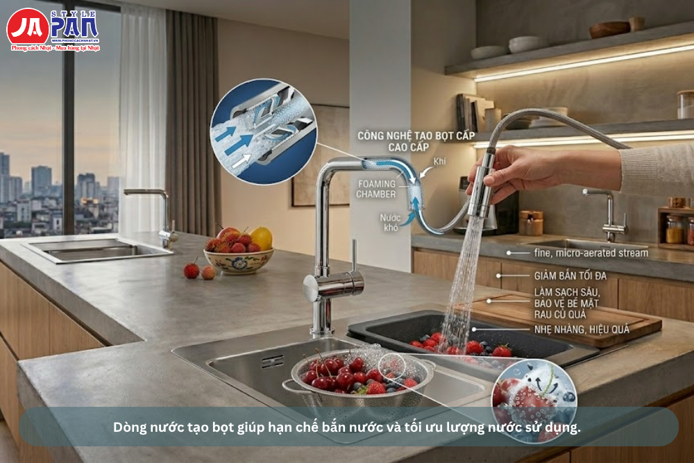 Vòi rửa bát Grohe Minta 3028010U | Dáng vuông, dây rút 8 Vòi rửa bát Grohe Minta 3028010U hạn chế hiện tượng bắn nước ra ngoài khu vực bồn rửa