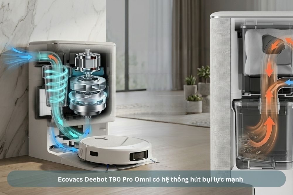 Hệ thống hút bụi lực mạnh của robot Ecovacs Deebot T90 Pro Omni